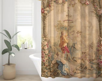 Frans Aubusson pastoraal bloemen douchegordijn | Beige roze toile, vintage badkamerinrichting met antieke bloemen, badkamer shabby chic