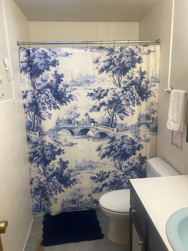 French Toile Shower Curtains, Blue Pastoral Curtain, Shabby Chic