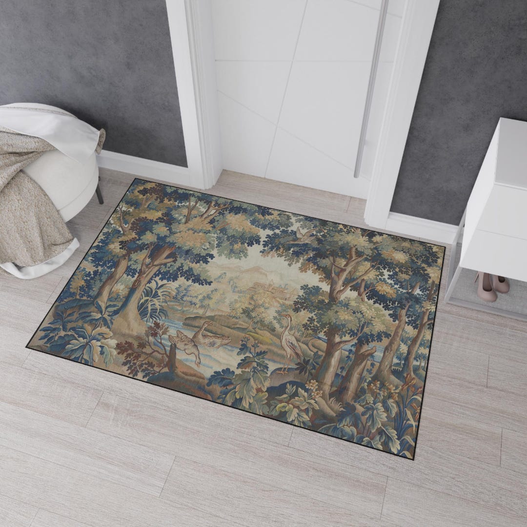 Foresty Rug Verdure Aubusson Rug, Forestry Tapestry Floor Mat | Vintage Woodland ...