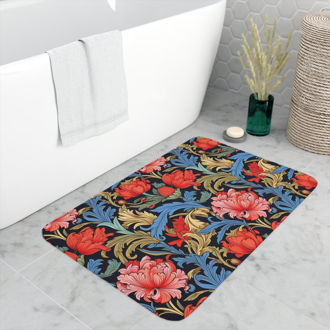William Morris Floral Bath Mat, Victorian Style, Black Background, Memory Foam Bath Mat, Shabby