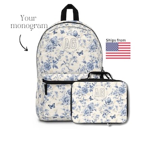 French Blue Toile Backpack for teen girls, blue floral insulated lunch bag, cute girls backpack, aestethic preppy backpack back to school