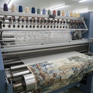 May include: An industrial weaving machine in a factory setting. The machine is producing a tapestry with a detailed landscape design in shades of blue, green, and beige. Spools of thread in various colors are lined up above the weaving process.