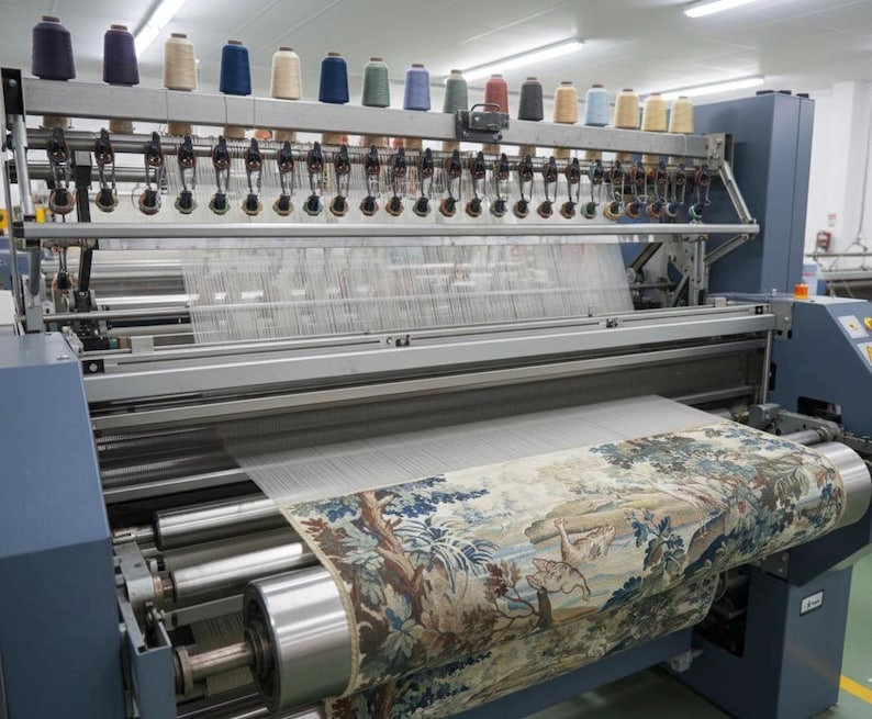 May include: An industrial weaving machine in a factory setting. The machine is producing a tapestry with a detailed landscape design in shades of blue, green, and beige. Spools of thread in various colors are lined up above the weaving process.