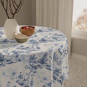 French Toile Tablecloth, Cotton or Poly, Blue Toile round  table, chinoiserie table cloth, rectangle or square tablecloth, cottagecore,