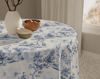 French Toile Tablecloth, Cotton or Poly, Blue Toile round  table, chinoiserie table cloth, rectangle or square tablecloth, cottagecore,