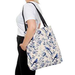Blue Toile Tote Bag (AOP), Chinoiserie tote bag with birds, Toile de Jouy inspiration, Birds pattern