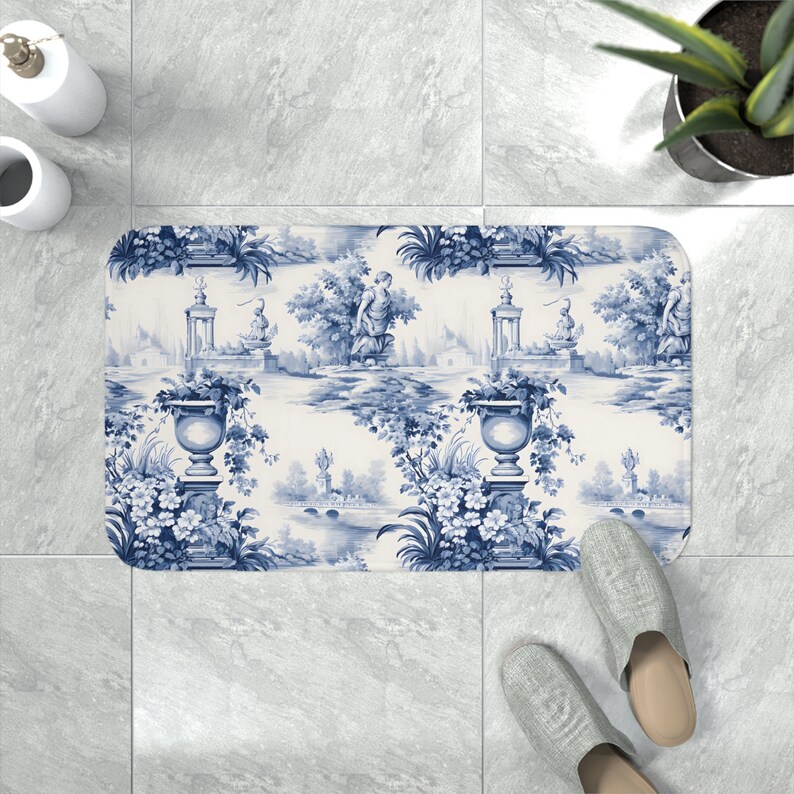 Blue Toile Large Bath Mat, Memory Foam Bath Mat, Shabby Chic Bathroom