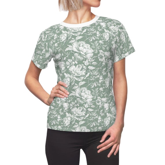 Sage Green Floral Tshirt, Women's Tee, Spring 2025, Heavy Fabric Top, Elegant Shirt, Pastel Green, Floral Tee, Women's Fashion, Spring Shirt