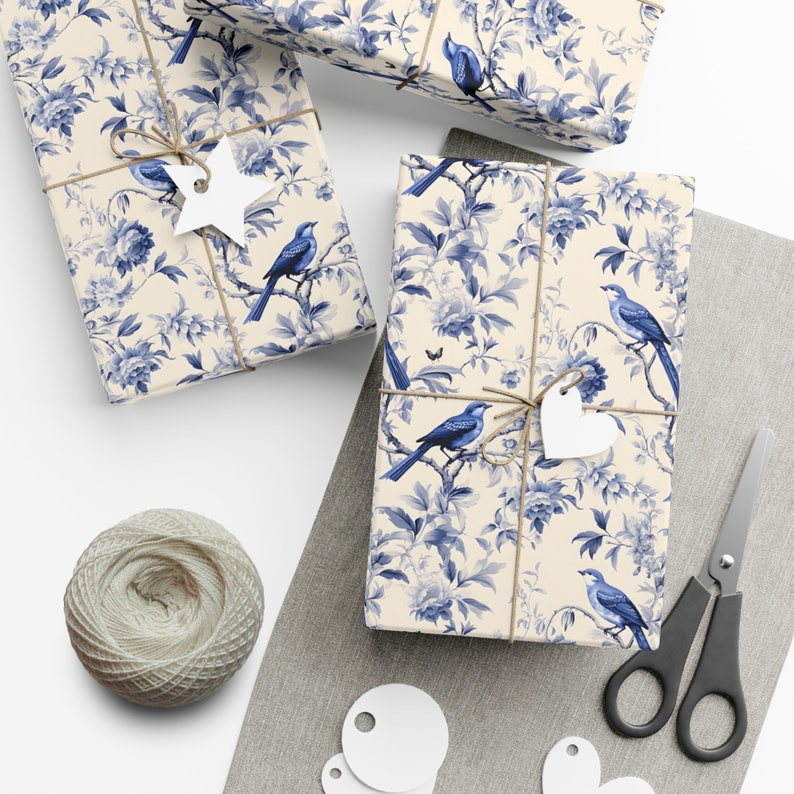 French toile Gift Wrapping Papers, Blue Chinoiserie Wrapping paper, Christmas wrapping paper, eco-friendly luxury gift wrap image 4