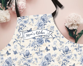 Blue Floral Apron: Personalized French Toile Kitchen Apron, Custom Mother's Day Gift