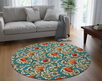 William Morris Round Rug with floral green and orange patterns