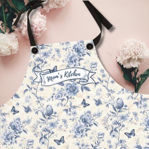 Blue Floral Apron, French country Apron, Blue toile Apron for Moms who love to cook, housewarming gift, blue chinoiserie, chef, grandma gift