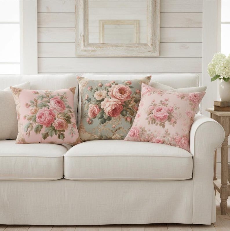 May include: Three floral cushion covers with rose patterns in pink and green hues are arranged on a white sofa. The cushions have a vintage, romantic style, adding a touch of elegance to the living room.