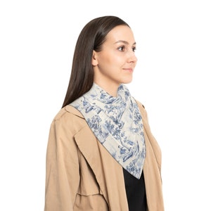 Cachecol francês Toile de Jouy, faixa Toile de Jouy, pedaço quadrado de tecido francês Toile de Jouy azul, cachecol de chiffon, presente de tecido toile para ela