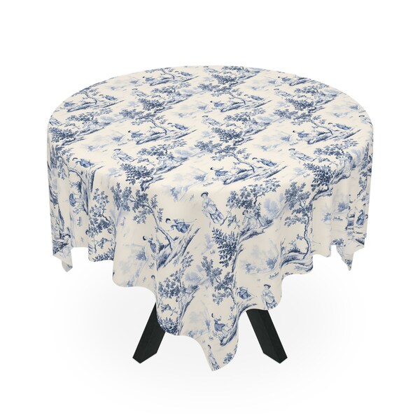 French Toile de Jouy Tablecloth, Blue Toile round  table, Blue chinoiserie table cloth, 55.1"x55.1", square tablecloth, matching napkins