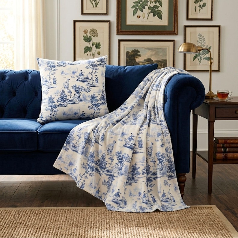 Blue French Toile de Jouy Home Decor Set: Farmhouse Throw Blanket & Pillows, Navy and White Pillow, French Pastoral Toile Accent image 1