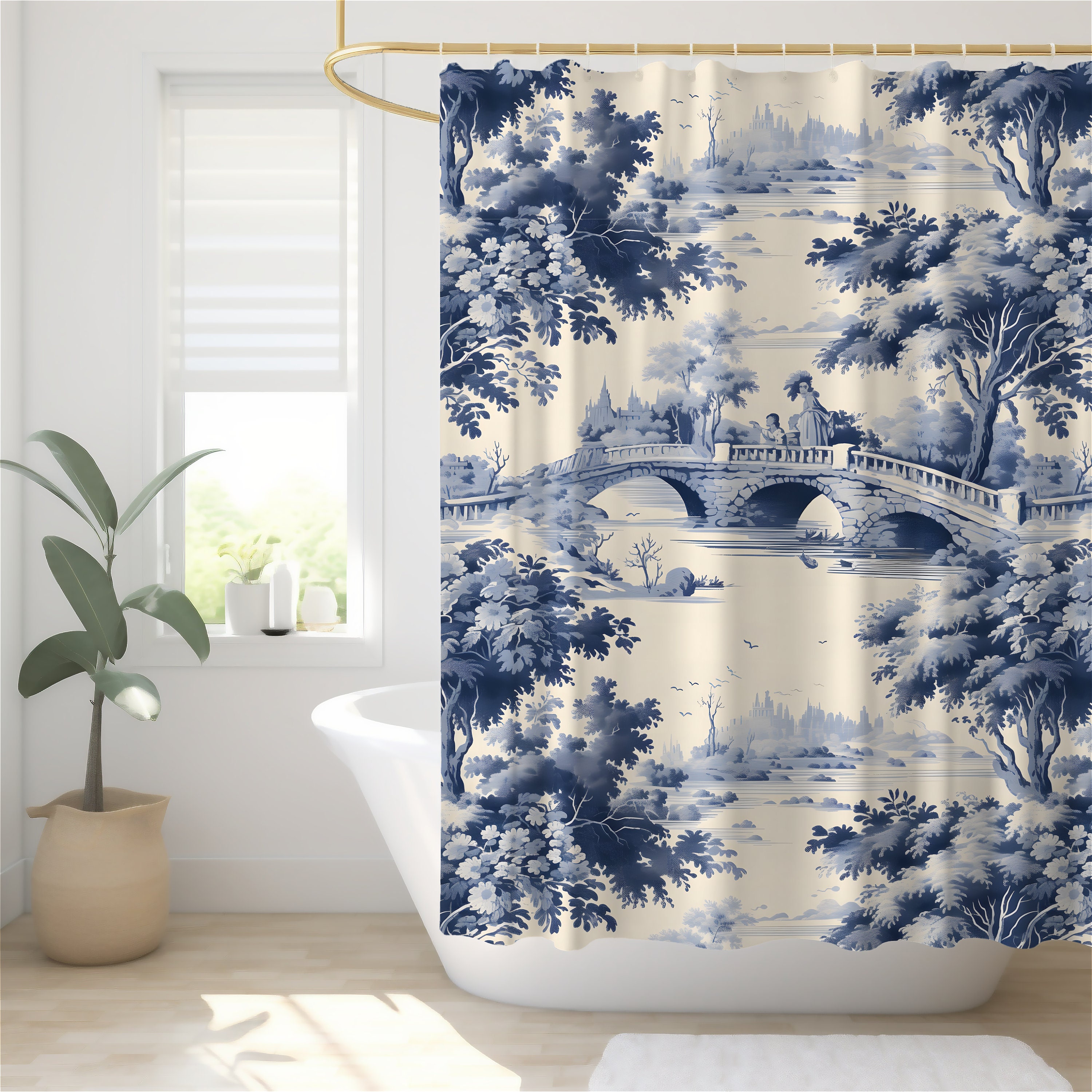 French Toile Shower Curtains, Blue Pastoral Curtain, Shabby Chic