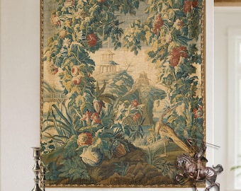 French Verdure Aubusson Tapestry, woven Threads, Versailles Chateau Decor (26x36), Botanical Floral print with heron bird