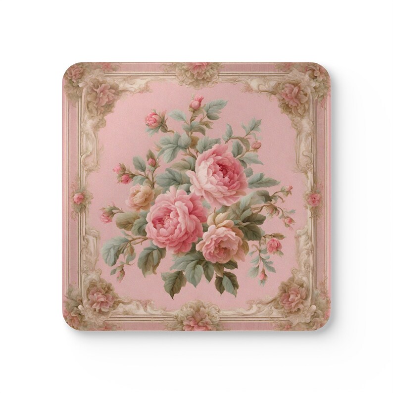 Floral Farmhouse Coaster Set of 4: Shabby Chic Cork Coasters, Rococo Home Accent image 6
