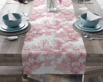 Pink Toile  Table Runner (Cotton), Shabby chic table scape, coquette table linen, floral table runner, botanical table runner, Spring 2024