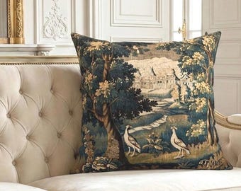 French Verdure Tapestry Pillow, Faux Suede Aubusson Heron Cushion, Woodland Forest green table linen