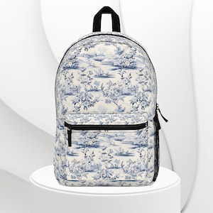 French Blue Toile Backpack, cute floral girls backpack, aestethic preppy backpack for back to school, coquette aesthetic backpack