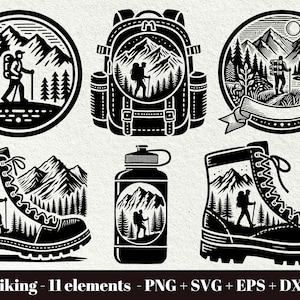Scarpone da trekking in formato SVG / Scena della foresta in formato SVG / Pacchetto in formato SVG per escursioni / Escursionista in montagna in formato SVG / Pacchetto per escursioni / Download istantaneo / Clipart per uso commerciale