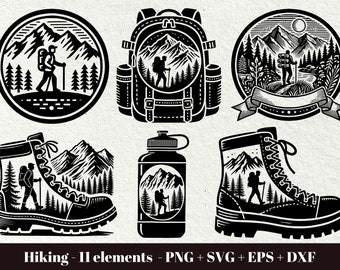 May include: Black and white illustrations of hiking gear, including a backpack, water bottle, hiking boots, and a hiker in the mountains. The illustrations are in a vintage style and would be perfect for a logo or design project.