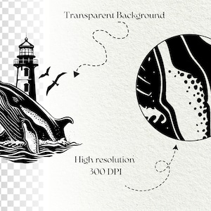 May include: Black and white illustration of a whale jumping out of the water near a lighthouse. The whale is facing the left side of the image. The lighthouse is tall and thin with a pointed roof. There are three birds flying in the air. The background is transparent.