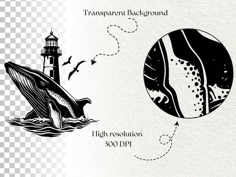 May include: Black and white illustration of a whale jumping out of the water near a lighthouse. The whale is facing the left side of the image. The lighthouse is tall and thin with a pointed roof. There are three birds flying in the air. The background is transparent.