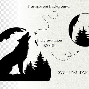 Peut inclure: Silhouette noire d'un loup hurlant &agrave; la lune avec une for&ecirc;t en arri&egrave;re-plan. L'image est sur un fond transparent.