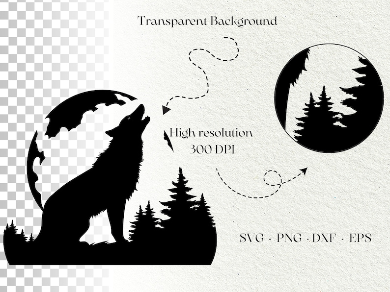Peut inclure: Silhouette noire d'un loup hurlant &agrave; la lune avec une for&ecirc;t en arri&egrave;re-plan. L'image est sur un fond transparent.