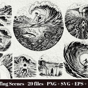 Op de afbeelding: Een verzameling zwart-witillustraties met surfscènes, waaronder surfers op golven, onderwaterbeelden met een zeeschildpad en vissen, een strandwachttoren en surfplanken. De tekst onderaan luidt Surfing Scenes - 29 files - PNG + SVG + EPS + DXF.