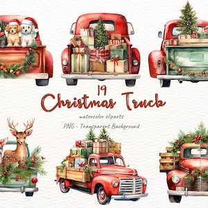 Christmas red truck clipart / Watercolor christmas truck clipart / Merry christmas truck PNG / Commercial use christmas clipart