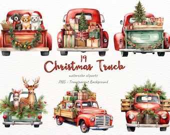 Jul röd lastbil clipart / Akvarell jul lastbil clipart / God jul lastbil PNG / Kommersiell användning jul clipart