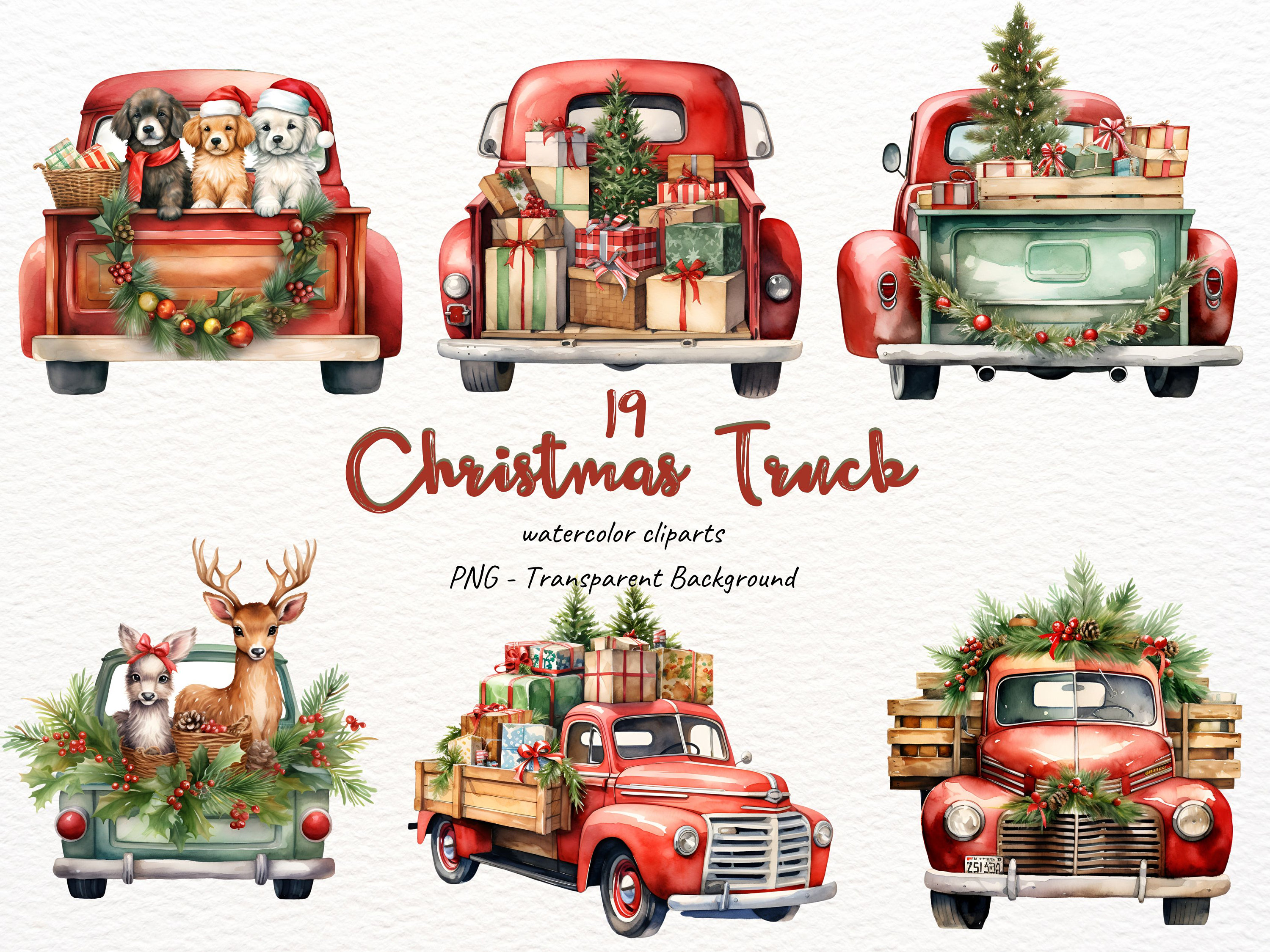 Christmas Red Truck Clipart / Watercolor Christmas Truck Clipart 