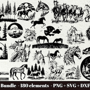 Może przedstawiać: Kolekcja czarno-białych ilustracji z motywem koni. Obrazy zawierają sylwetki koni w różnych pozach, takich jak bieganie, wypas i z jeźdźcami. Znajdują się tu również obrazy gór, drzew i kowbojki. Tekst "Horse Bundle - 180 elements - PNG + SVG + DXF + EPS" znajduje się na dole.