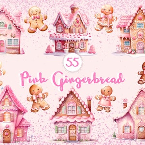 Gingerbread house clipart / Pink christmas watercolor clipart / Gingerbread watercolor clipart  Gingerbread cookies png / Pink christmas png