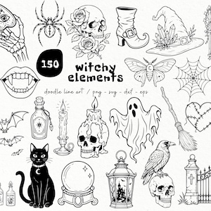 Może przedstawiać: Kolekcja czarno-białych ilustracji liniowych zawierająca 150 magicznych elementów, w tym duchy, czaszki, kota, księżyc, mikstury, pająka, miotłę, kulę kryształową, latarnię, kruka, dynię i bramę z napisem 150 witchy elements.