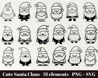 May include: A collection of 18 black and white Santa Claus illustrations. Each Santa has a different beard and facial expression, wearing a hat and coat. The text at the bottom reads "Cute Santa Claus - 31 elements - PNG + SVG."