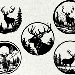 May include: Five black and white circular designs featuring a silhouette of a deer in a forest setting. Each design features a different pose of the deer and a different forest background.
