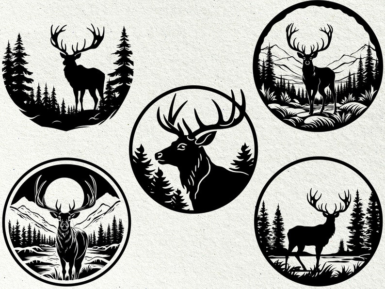 May include: Five black and white circular designs featuring a silhouette of a deer in a forest setting. Each design features a different pose of the deer and a different forest background.