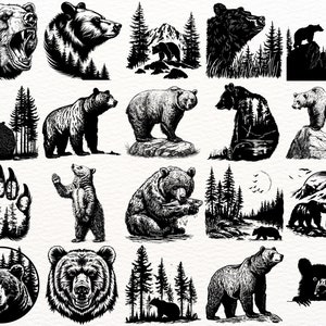 May include: A collection of black and white illustrations featuring bears in various poses, including standing, sitting, and roaring. Some illustrations include forest scenes with trees and mountains.