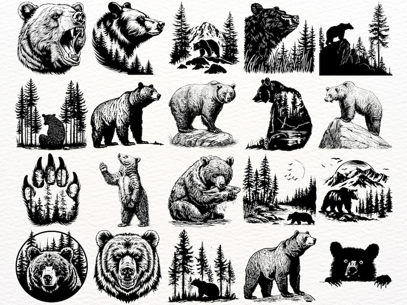 May include: A collection of black and white illustrations featuring bears in various poses, including standing, sitting, and roaring. Some illustrations include forest scenes with trees and mountains.