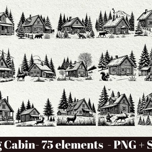 Cabaña de troncos en el bosque / Animales del bosque svg / Escena navideña de invierno Cabaña rústica SVG / Cabaña de troncos nevada en invierno / Clipart de uso comercial
