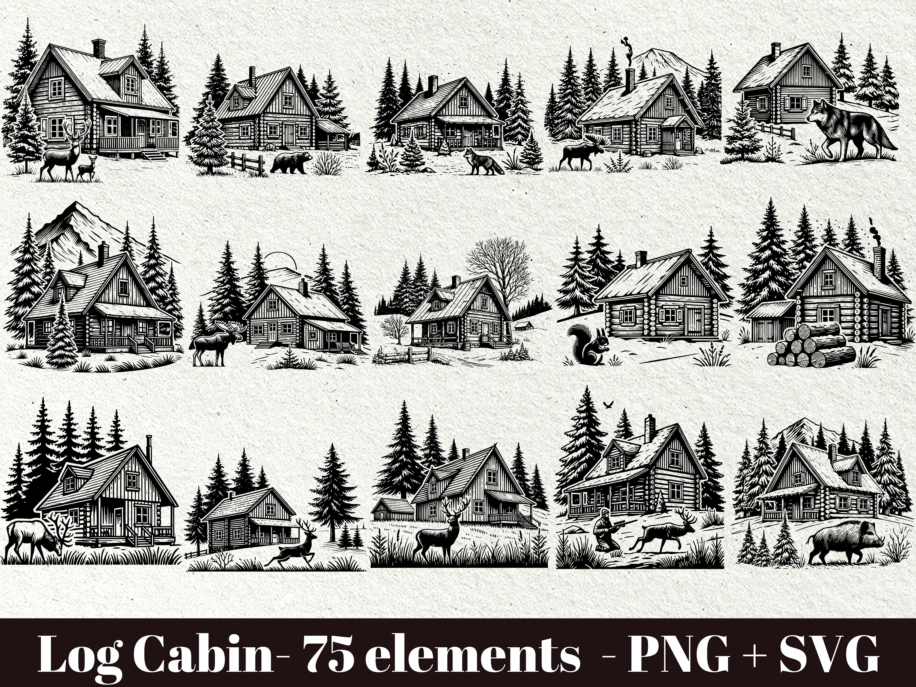 Log Cabin in the Woods / Woodland animals svg / Christmas Winter Scene Rustic Cabin SVG / Winter Snowy Log Cabin / Commercial use clipart