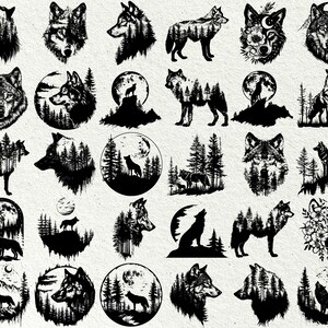 May include: A collection of 36 black and white wolf illustrations. The wolves are depicted in various poses, including howling, running, and standing. Some of the wolves are surrounded by trees and other forest elements. The illustrations are perfect for use in a variety of creative projects, such as scrapbooking, card making, and digital design.