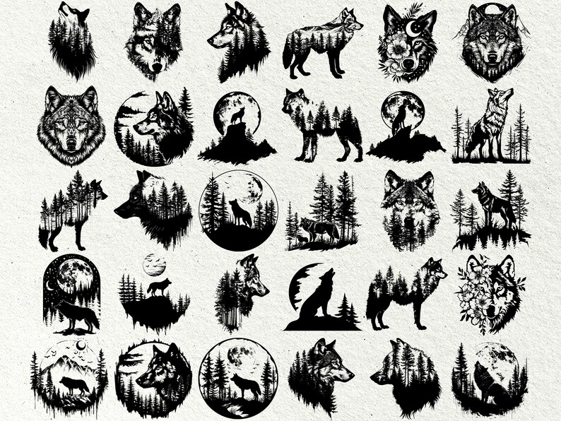 May include: A collection of 36 black and white wolf illustrations. The wolves are depicted in various poses, including howling, running, and standing. Some of the wolves are surrounded by trees and other forest elements. The illustrations are perfect for use in a variety of creative projects, such as scrapbooking, card making, and digital design.