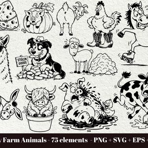 May include: A collection of black and white line art illustrations featuring various farm animals including a mouse with cheese, a pig in a pumpkin, a goat, a chicken in boots, a horse on roller skates, a llama with sunglasses, and a dog with a sign.
