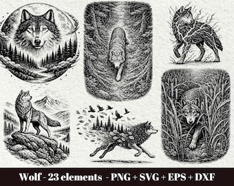 Gravure de paysage SVG loup / fichier de gravure laser loup / scène de loup des bois PNG (23 fichiers) (téléchargement numérique - usage commercial)